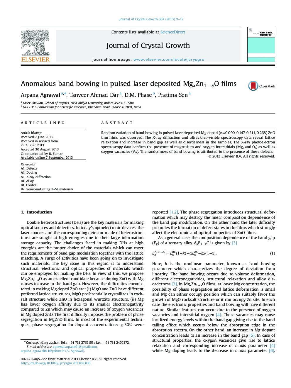 Anomalous band bowing in pulsed laser deposited MgxZn1−xO films