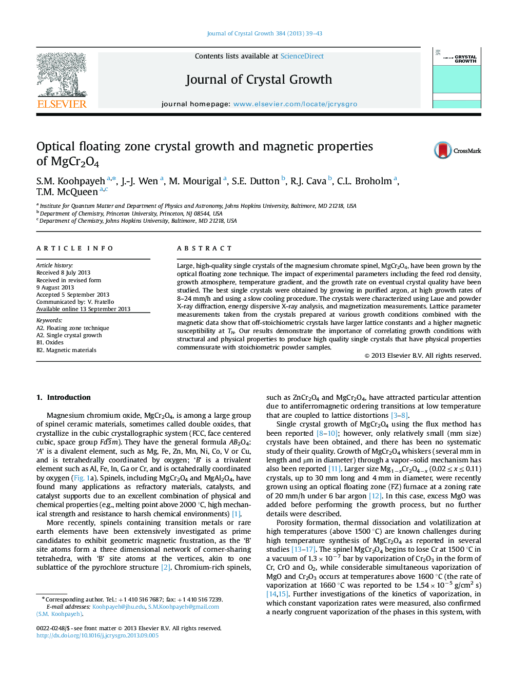 Optical floating zone crystal growth and magnetic properties of MgCr2O4