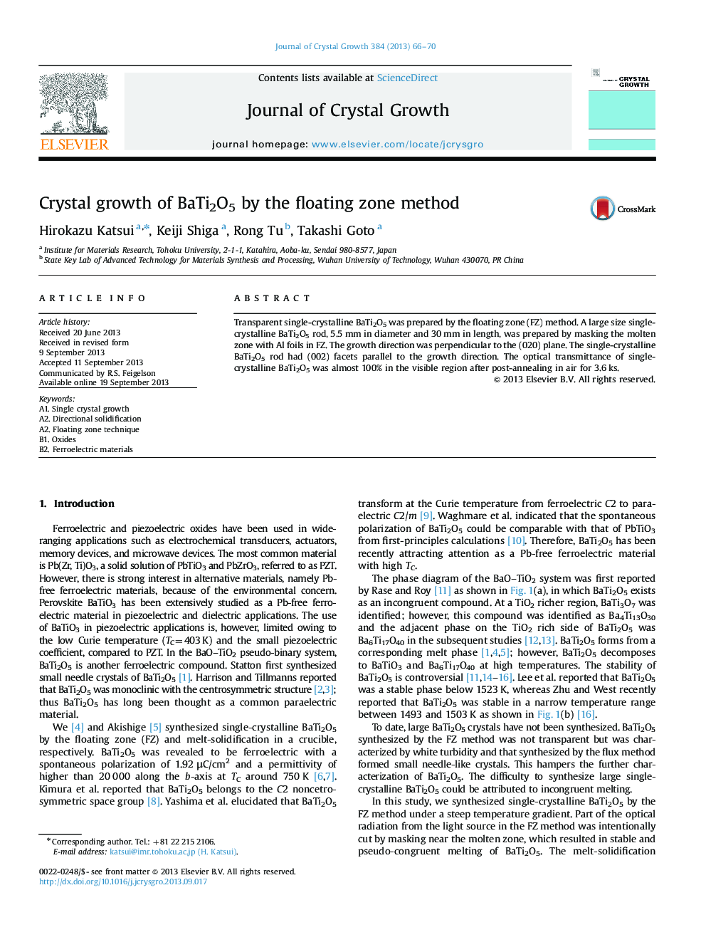 Crystal growth of BaTi2O5 by the floating zone method