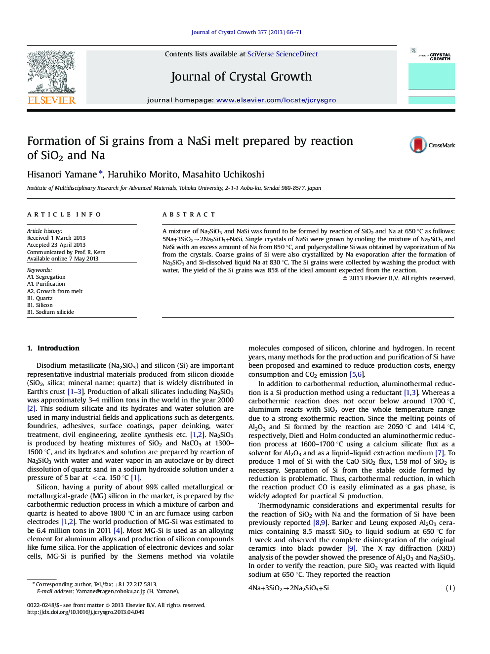 Formation of Si grains from a NaSi melt prepared by reaction of SiO2 and Na