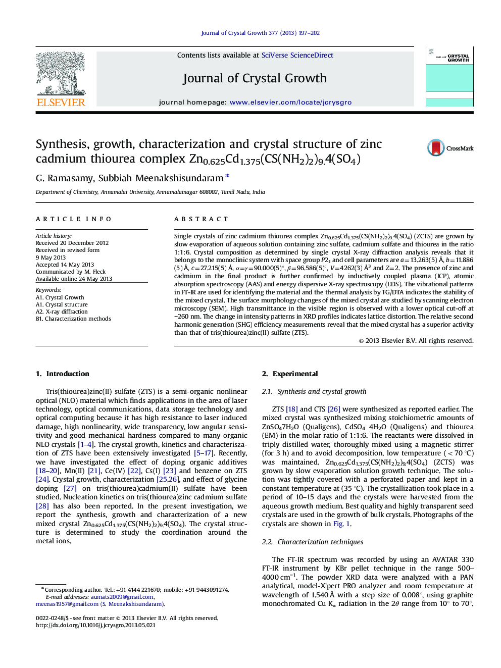 Synthesis, growth, characterization and crystal structure of zinc cadmium thiourea complex Zn0.625Cd1.375(CS(NH2)2)9.4(SO4)