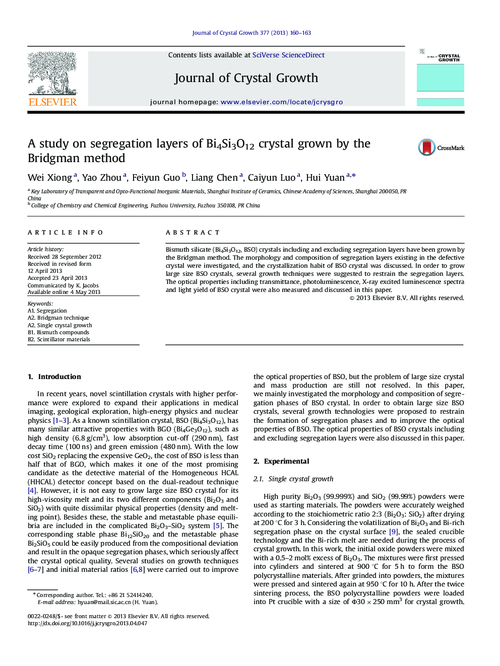 A study on segregation layers of Bi4Si3O12 crystal grown by the Bridgman method