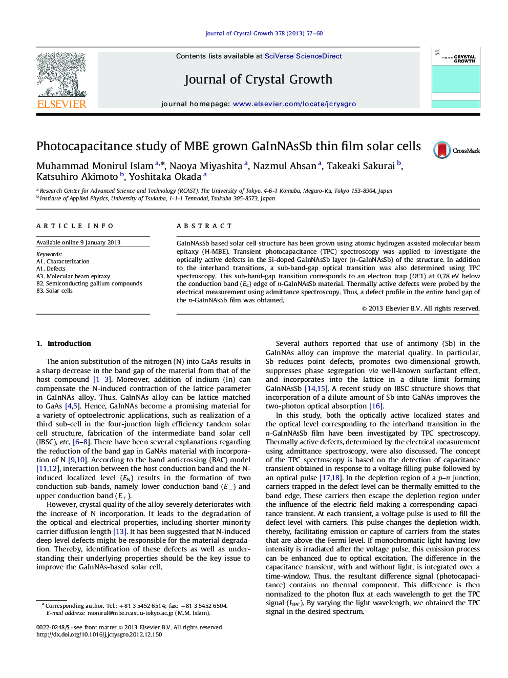 Photocapacitance study of MBE grown GaInNAsSb thin film solar cells