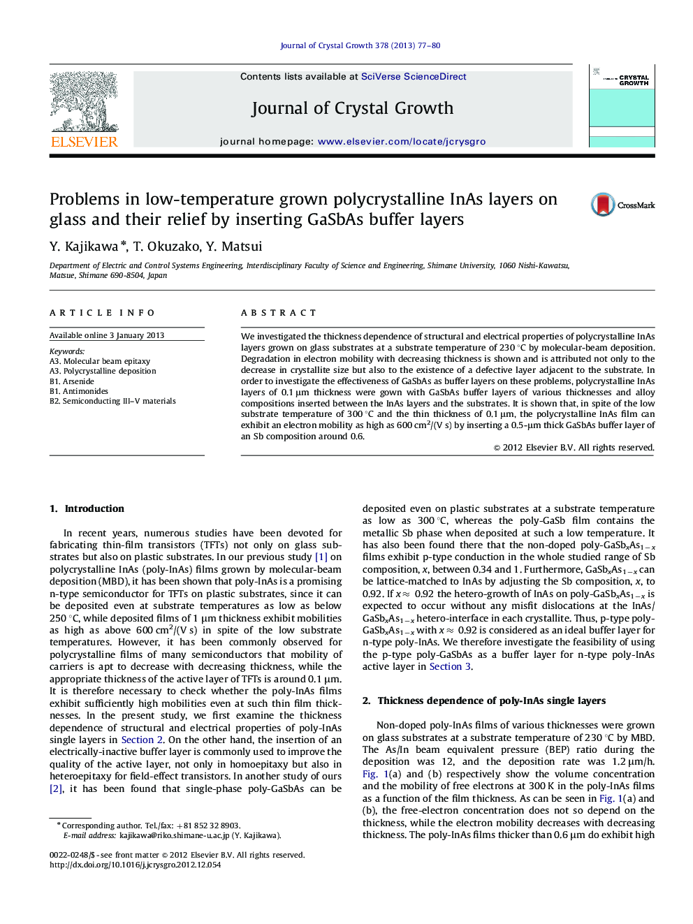 Problems in low-temperature grown polycrystalline InAs layers on glass and their relief by inserting GaSbAs buffer layers