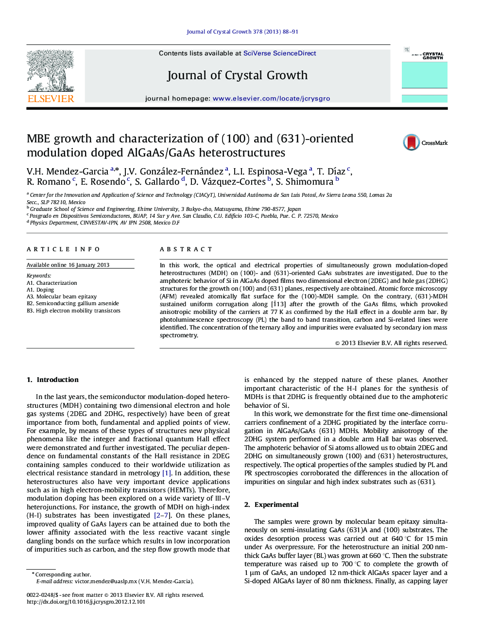 MBE growth and characterization of (100) and (631)-oriented modulation doped AlGaAs/GaAs heterostructures