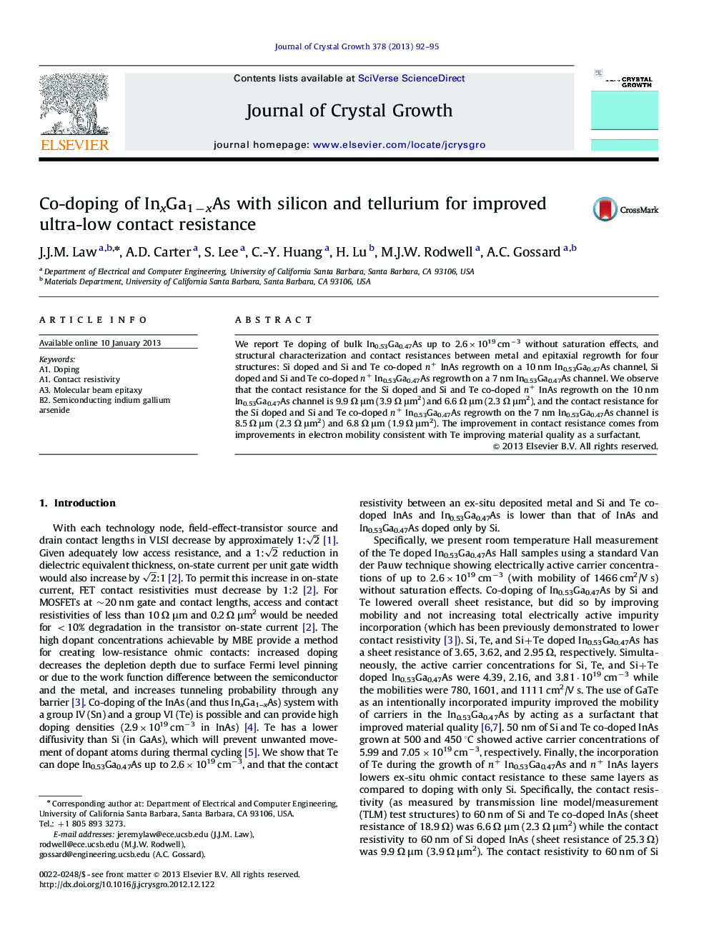 Co-doping of InxGa1−xAs with silicon and tellurium for improved ultra-low contact resistance