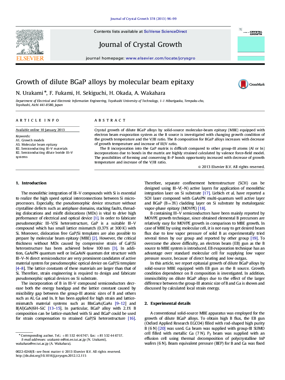 Growth of dilute BGaP alloys by molecular beam epitaxy