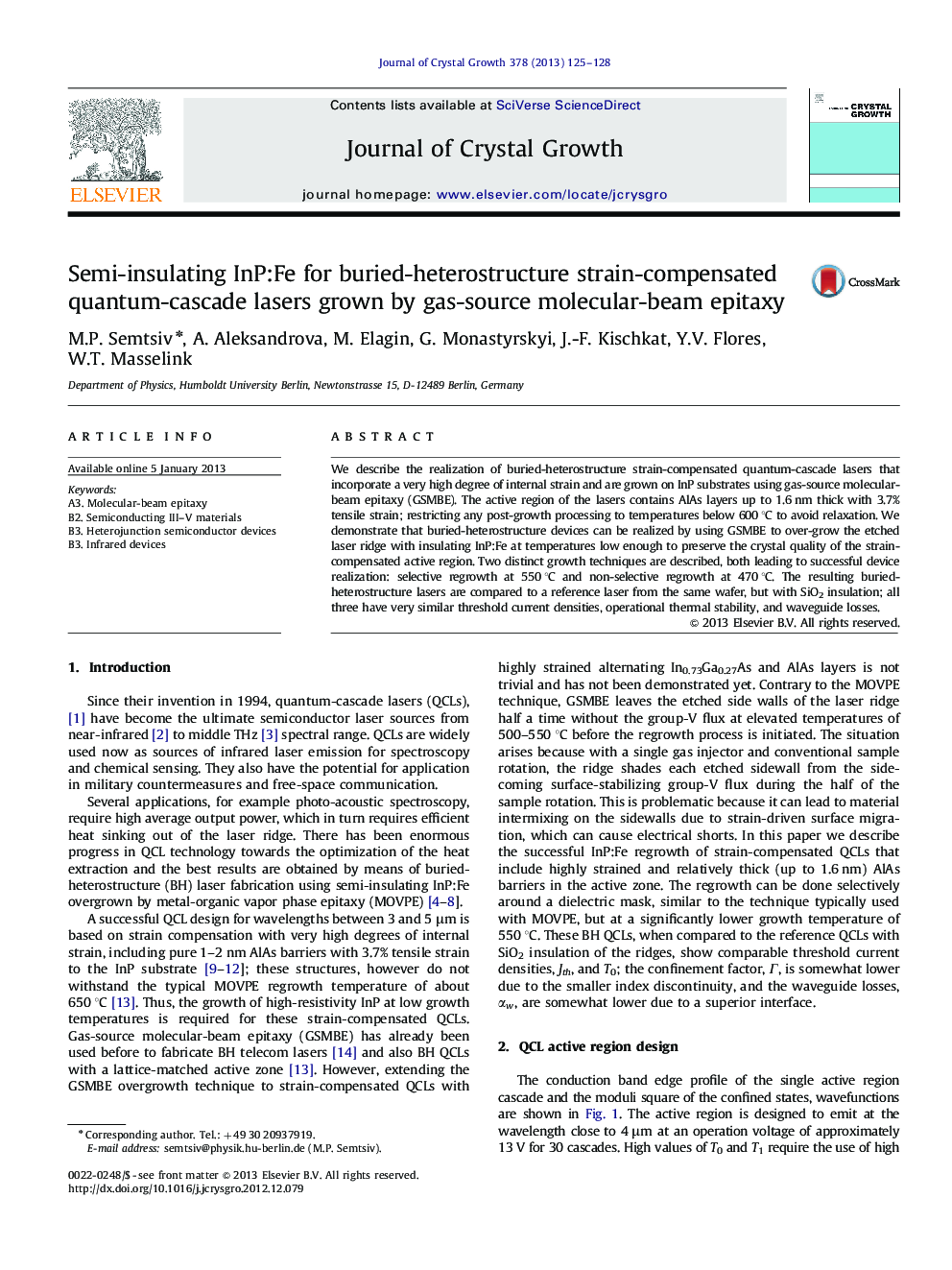 Semi-insulating InP:Fe for buried-heterostructure strain-compensated quantum-cascade lasers grown by gas-source molecular-beam epitaxy