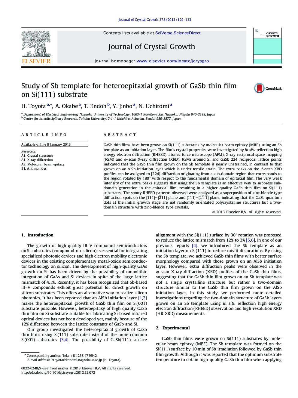 Study of Sb template for heteroepitaxial growth of GaSb thin film on Si(111)substrate