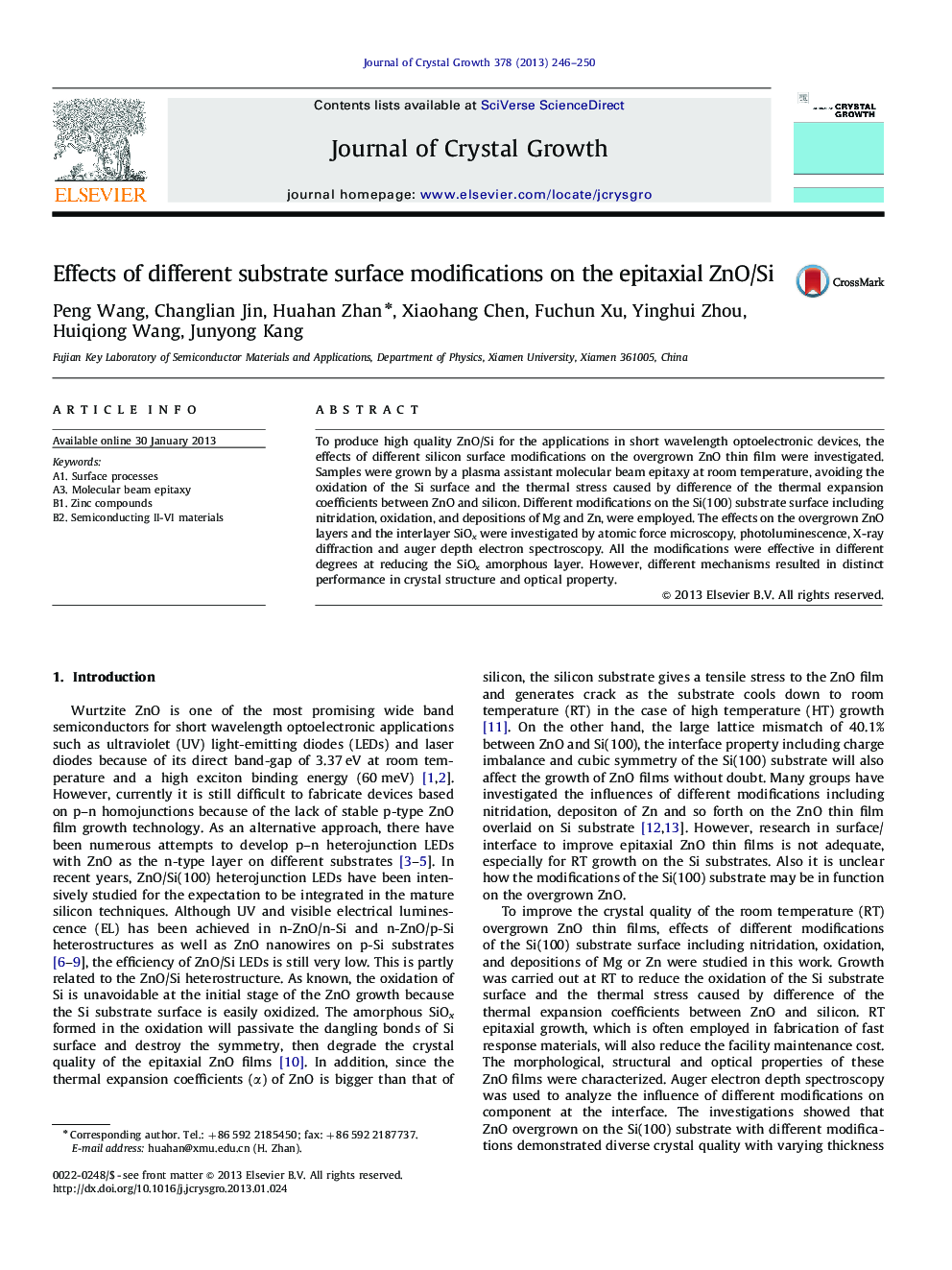 Effects of different substrate surface modifications on the epitaxial ZnO/Si