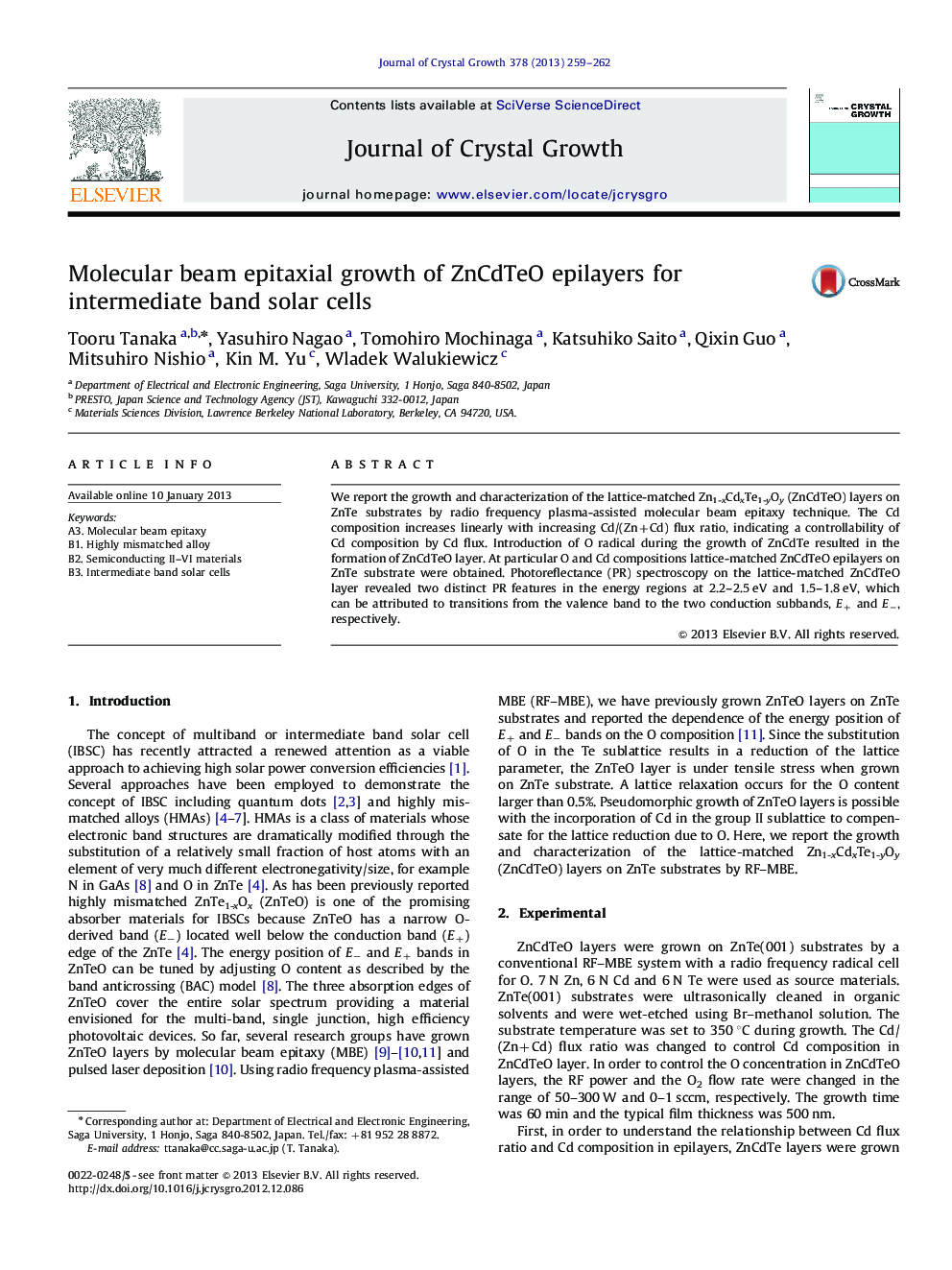 Molecular beam epitaxial growth of ZnCdTeO epilayers for intermediate band solar cells