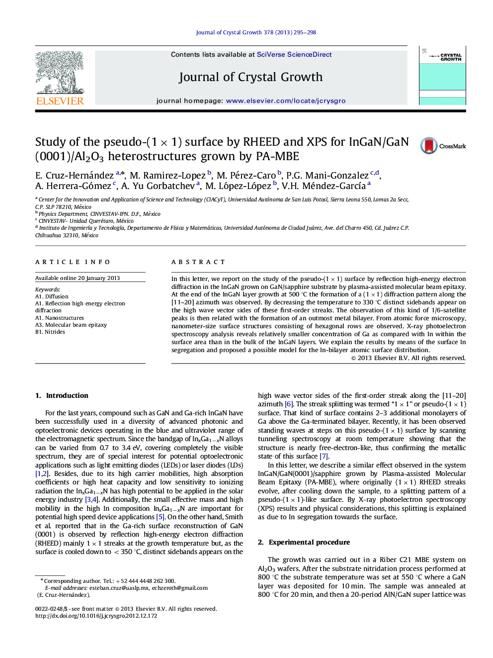 Study of the pseudo-(1×1) surface by RHEED and XPS for InGaN/GaN (0001)/Al2O3 heterostructures grown by PA-MBE