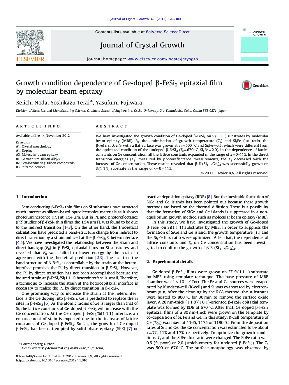 Growth condition dependence of Ge-doped Î²-FeSi2 epitaxial film by molecular beam epitaxy