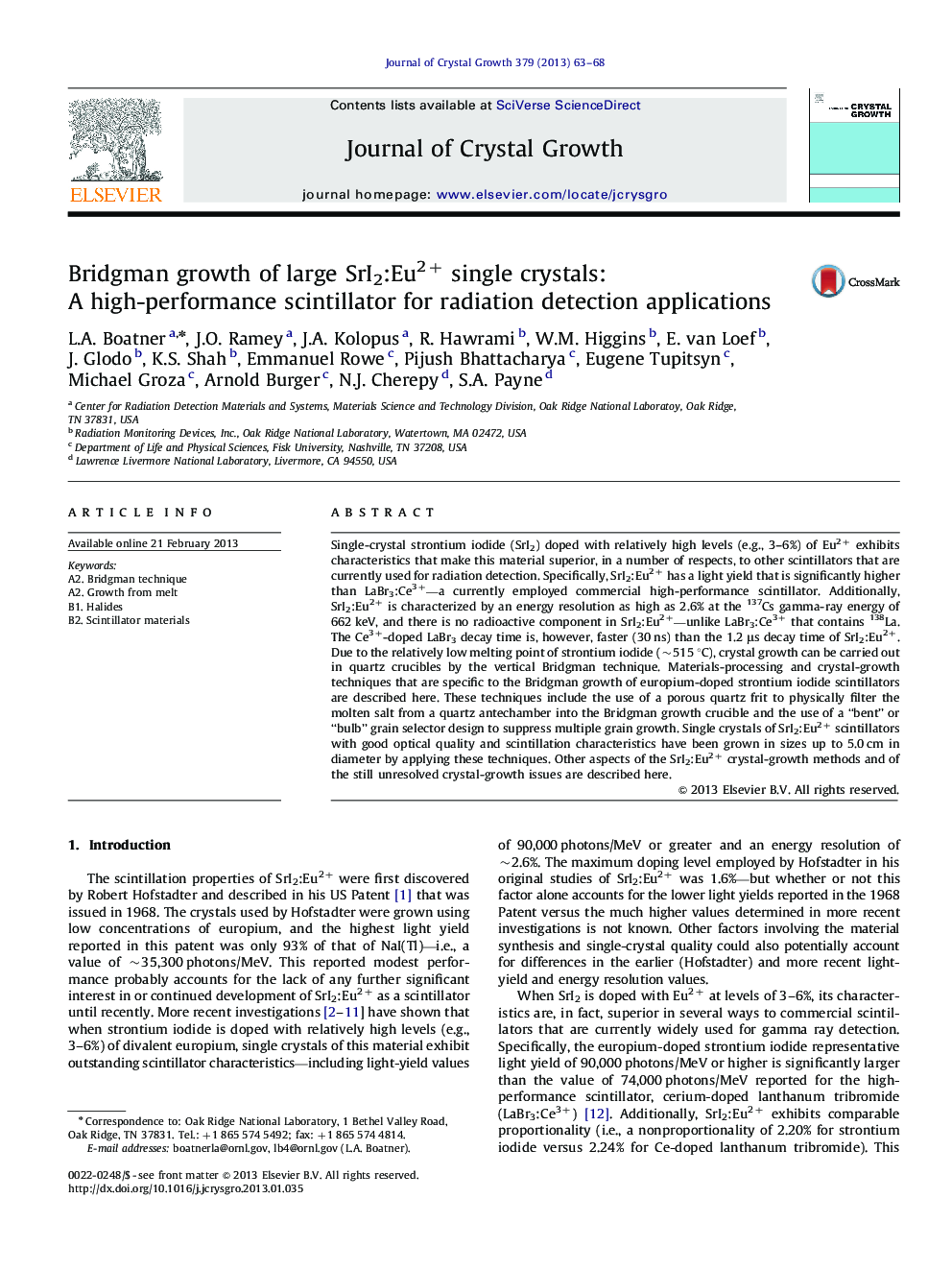 Bridgman growth of large SrI2:Eu2+ single crystals: A high-performance scintillator for radiation detection applications