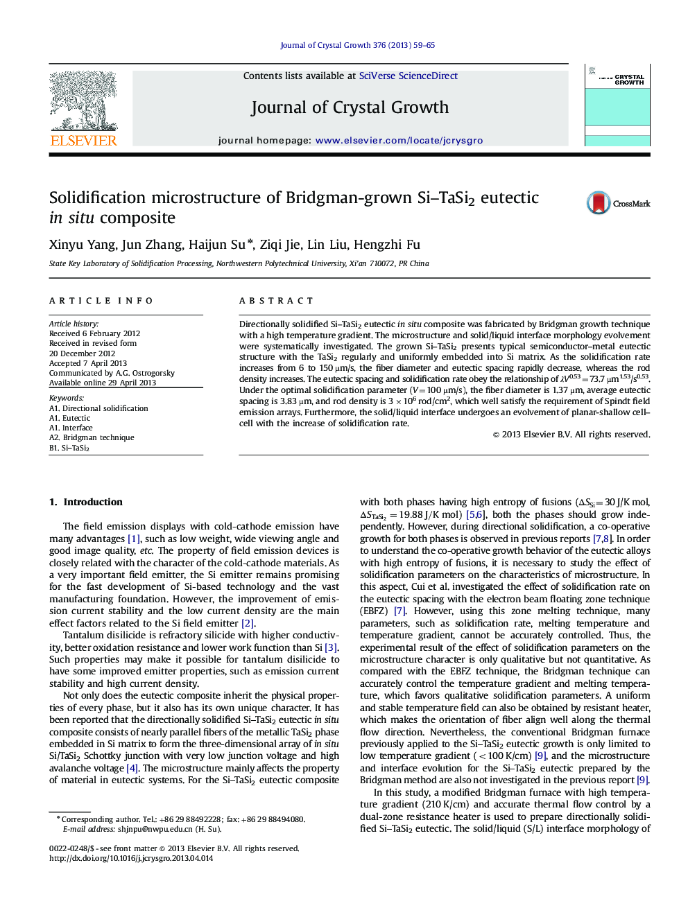 Solidification microstructure of Bridgman-grown Si–TaSi2 eutectic in situ composite