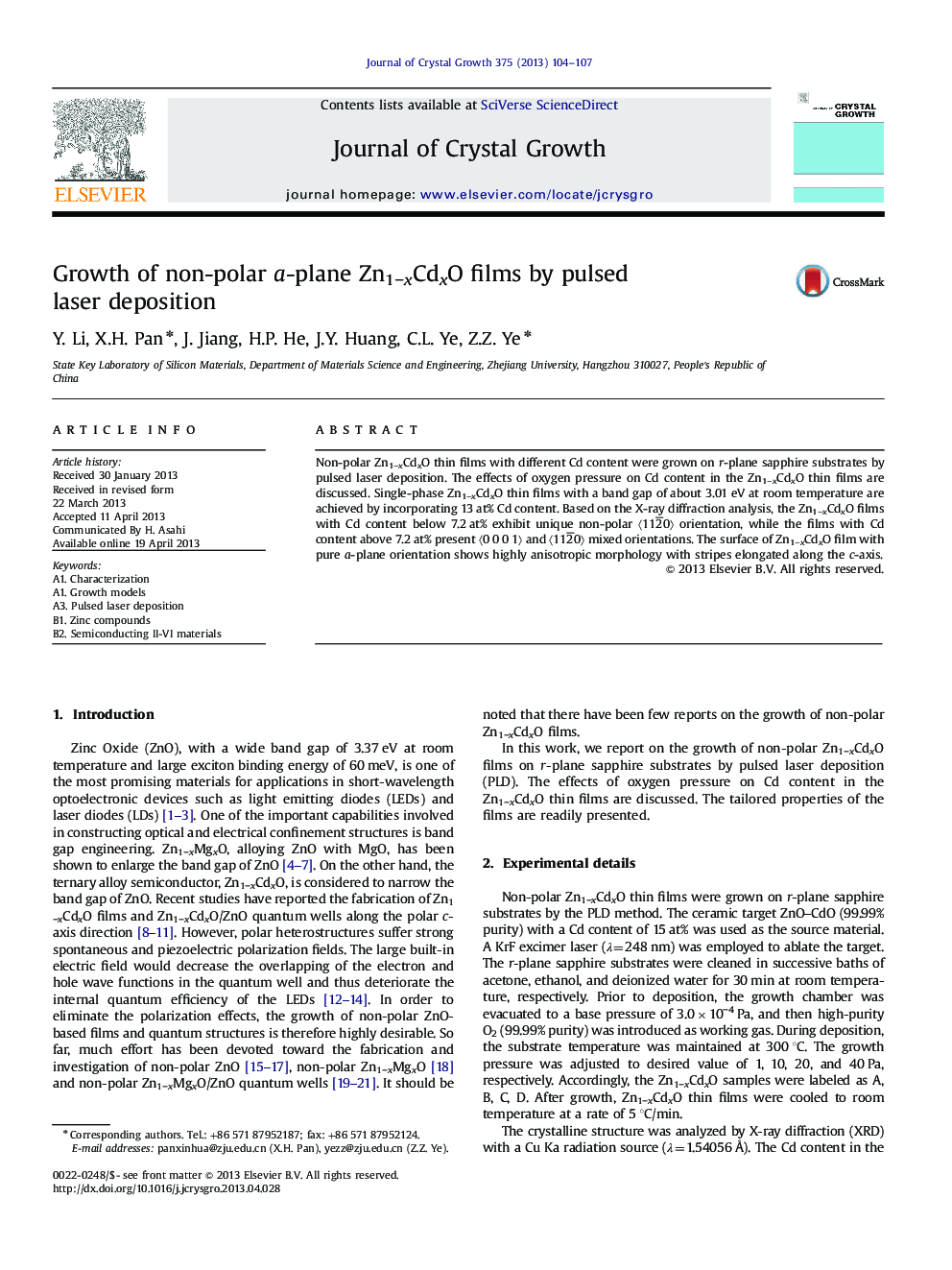 Growth of non-polar a-plane Zn1−xCdxO films by pulsed laser deposition