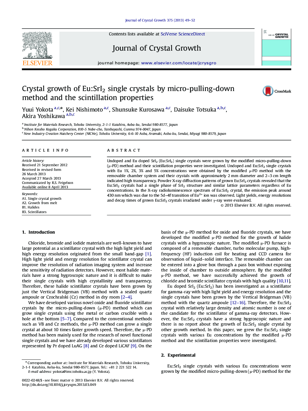 Crystal growth of Eu:SrI2 single crystals by micro-pulling-down method and the scintillation properties