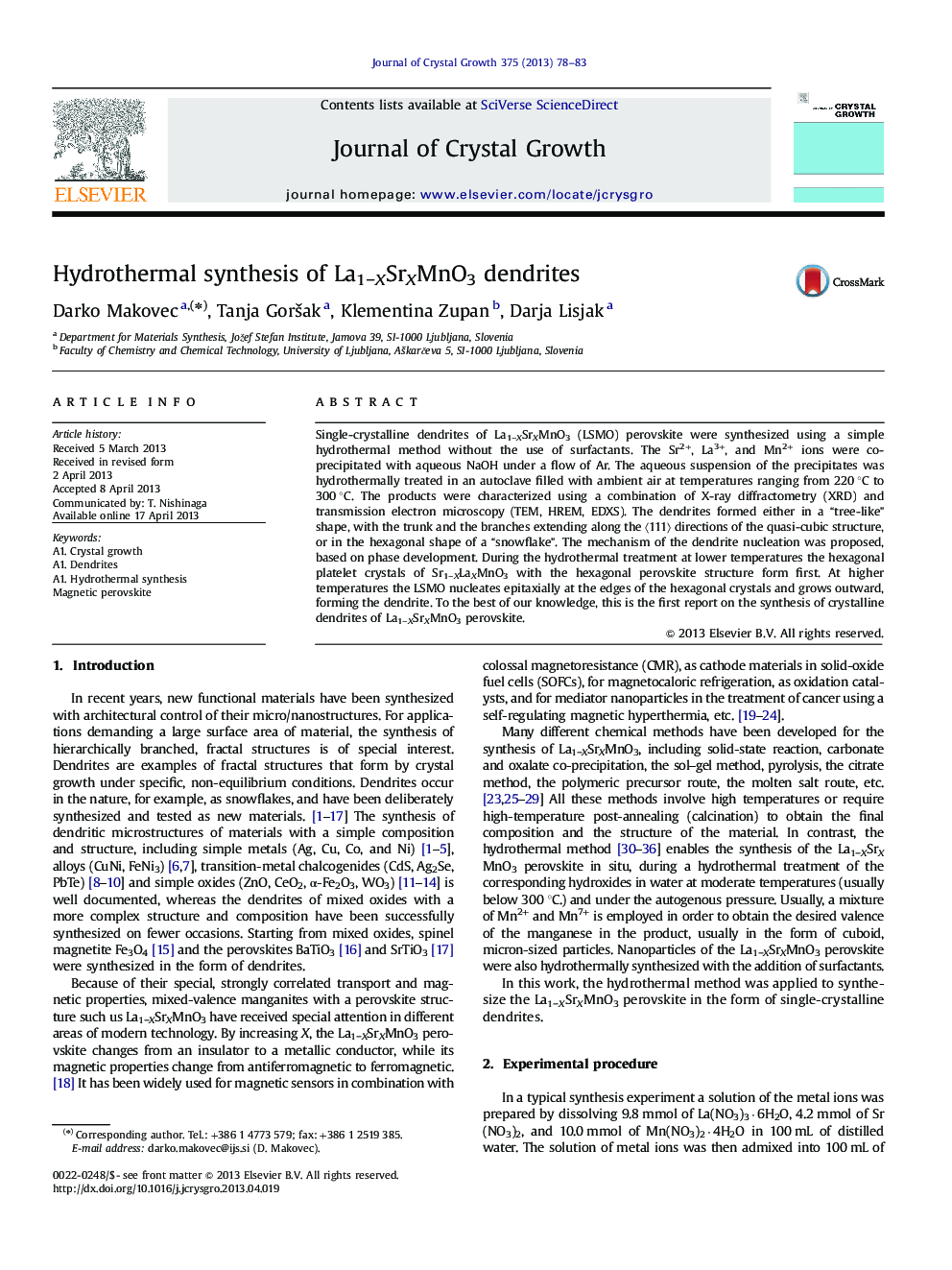 Hydrothermal synthesis of La1−XSrXMnO3 dendrites