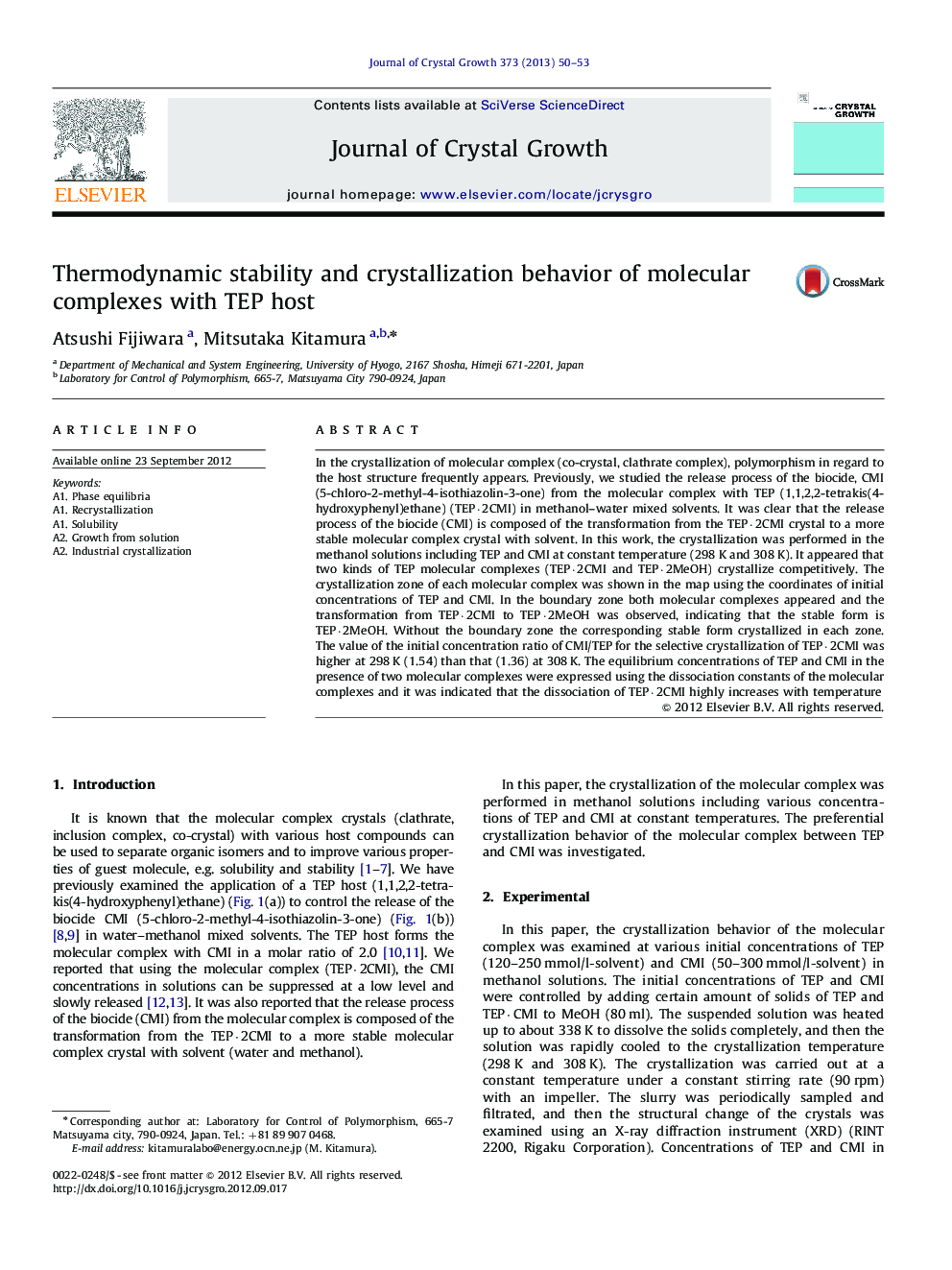 Thermodynamic stability and crystallization behavior of molecular complexes with TEP host