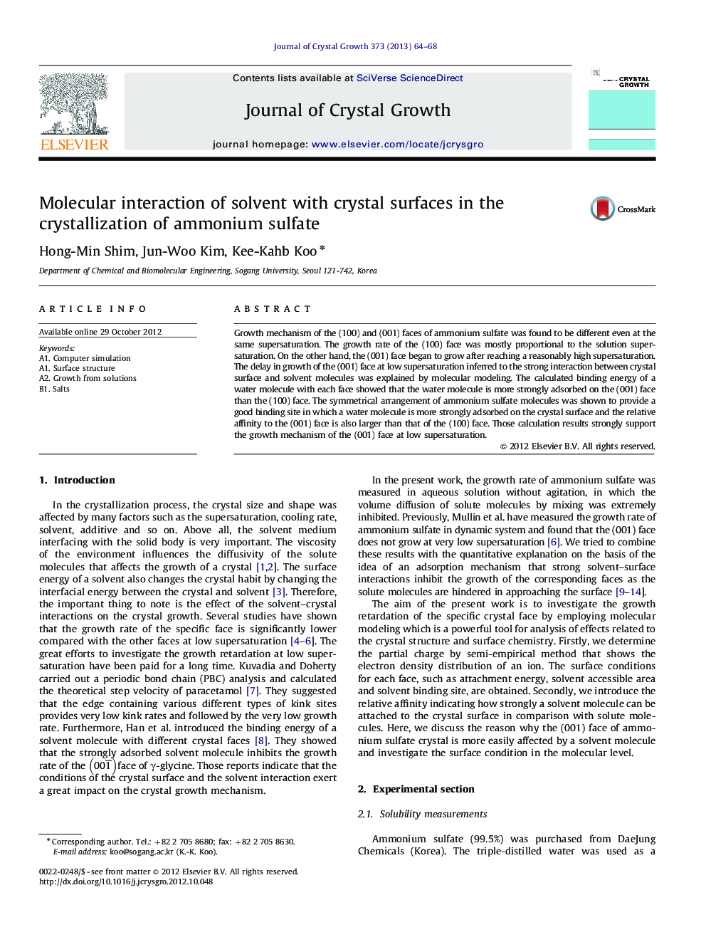 Molecular interaction of solvent with crystal surfaces in the crystallization of ammonium sulfate