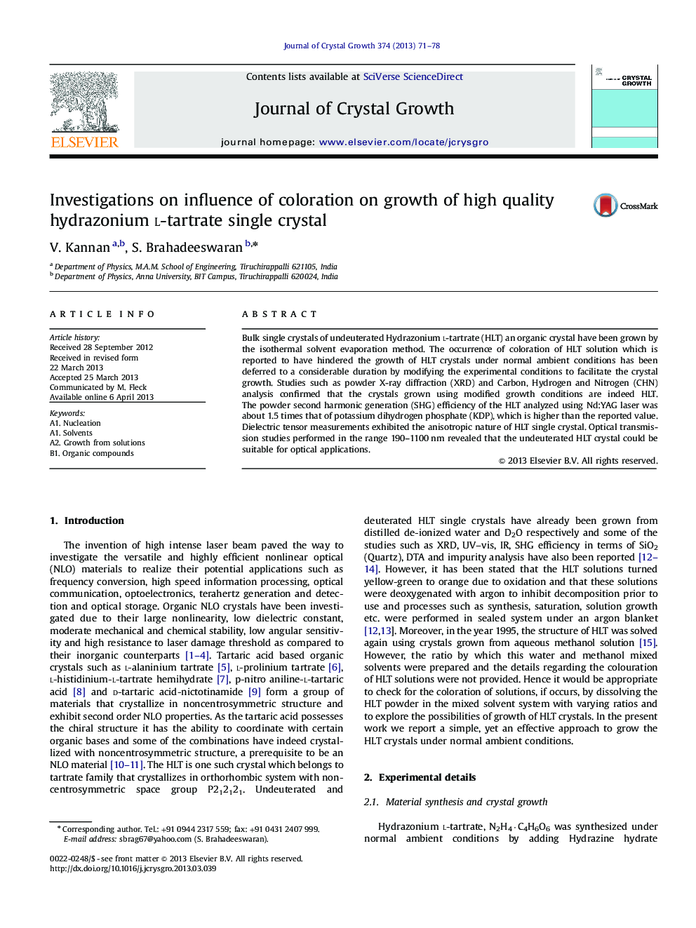 Investigations on influence of coloration on growth of high quality hydrazonium l-tartrate single crystal