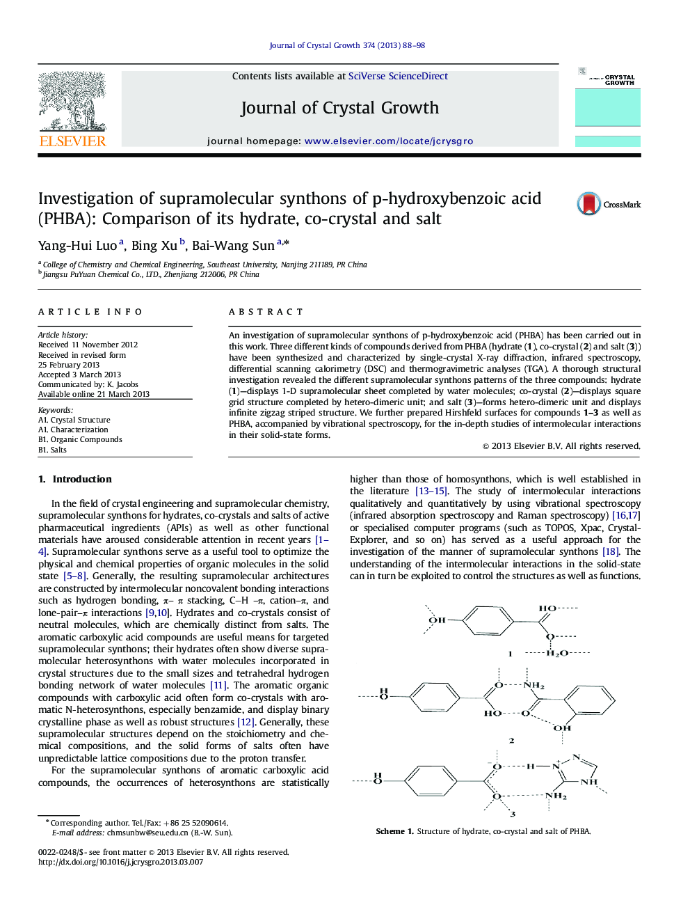 Investigation of supramolecular synthons of p-hydroxybenzoic acid (PHBA): Comparison of its hydrate, co-crystal and salt