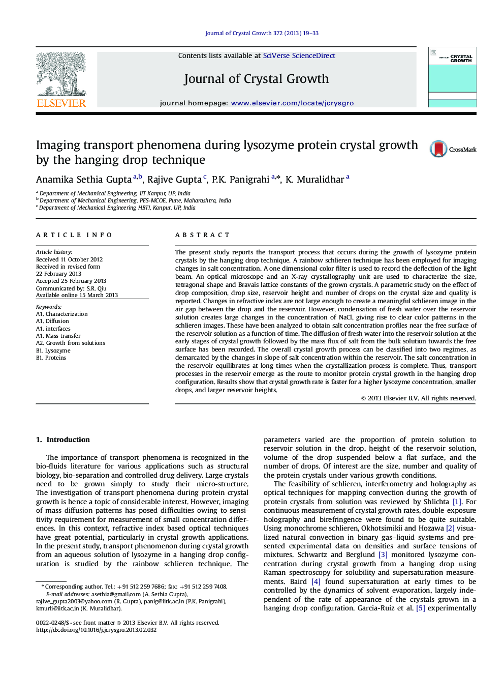 Imaging transport phenomena during lysozyme protein crystal growth by the hanging drop technique