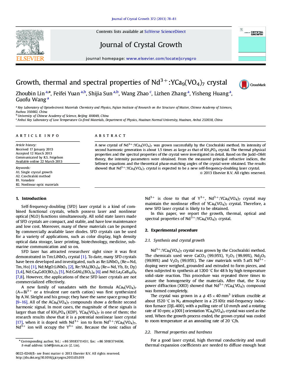 Growth, thermal and spectral properties of Nd3+:YCa9(VO4)7 crystal