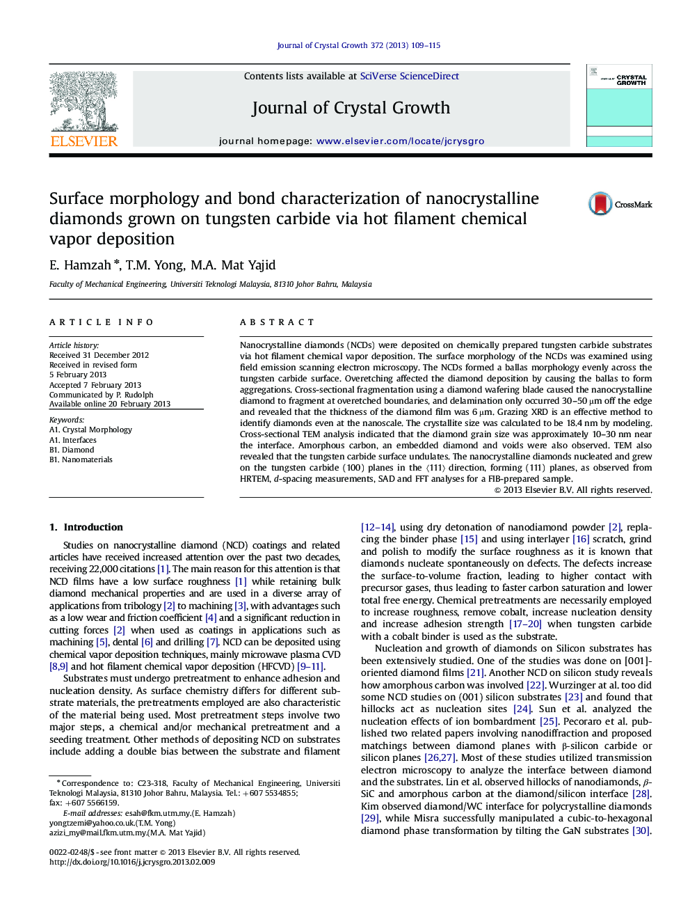 Surface morphology and bond characterization of nanocrystalline diamonds grown on tungsten carbide via hot filament chemical vapor deposition