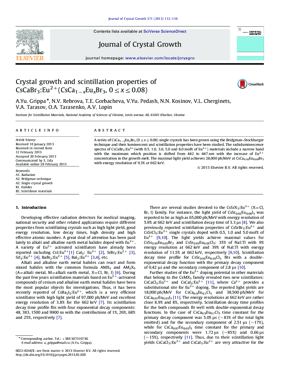 Crystal growth and scintillation properties of CsCaBr3:Eu2+(CsCa1−xEuxBr3, 0≤x≤0.08)