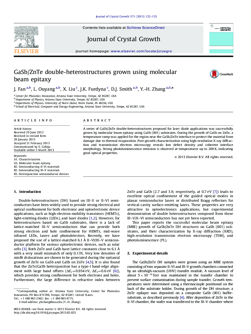 GaSb/ZnTe double-heterostructures grown using molecular beam epitaxy