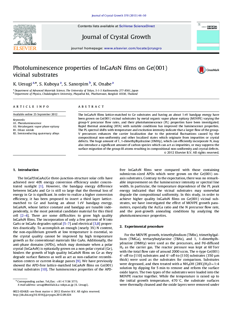 Photoluminescence properties of InGaAsN films on Ge(001) vicinal substrates