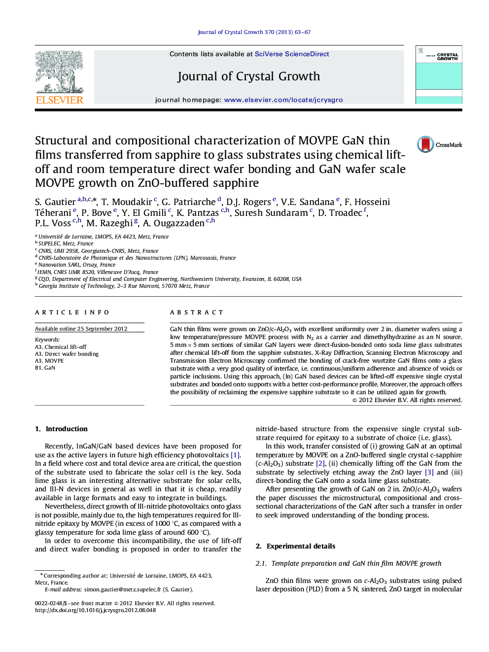 Structural and compositional characterization of MOVPE GaN thin films transferred from sapphire to glass substrates using chemical lift-off and room temperature direct wafer bonding and GaN wafer scale MOVPE growth on ZnO-buffered sapphire