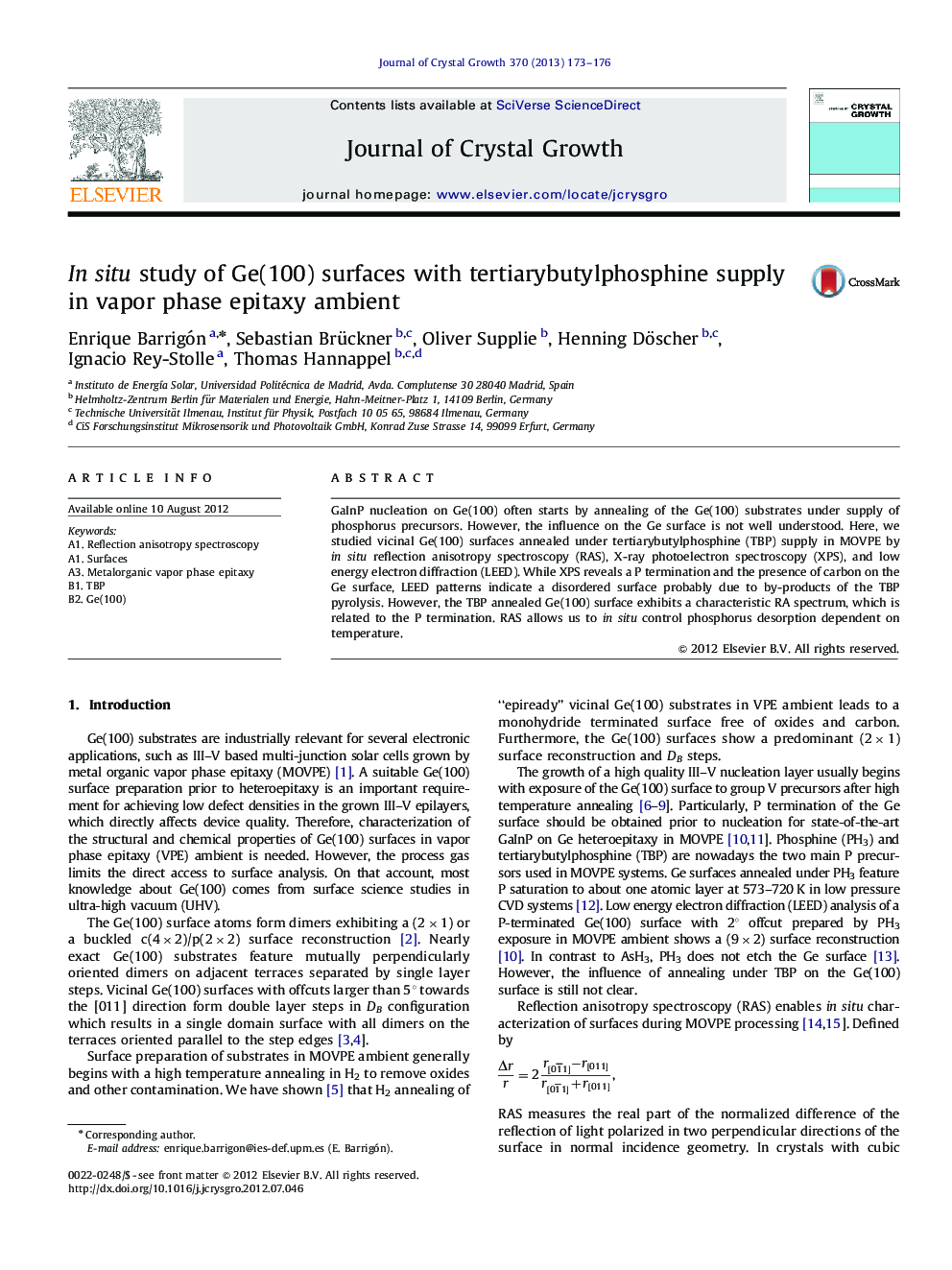 In situ study of Ge(100) surfaces with tertiarybutylphosphine supply in vapor phase epitaxy ambient