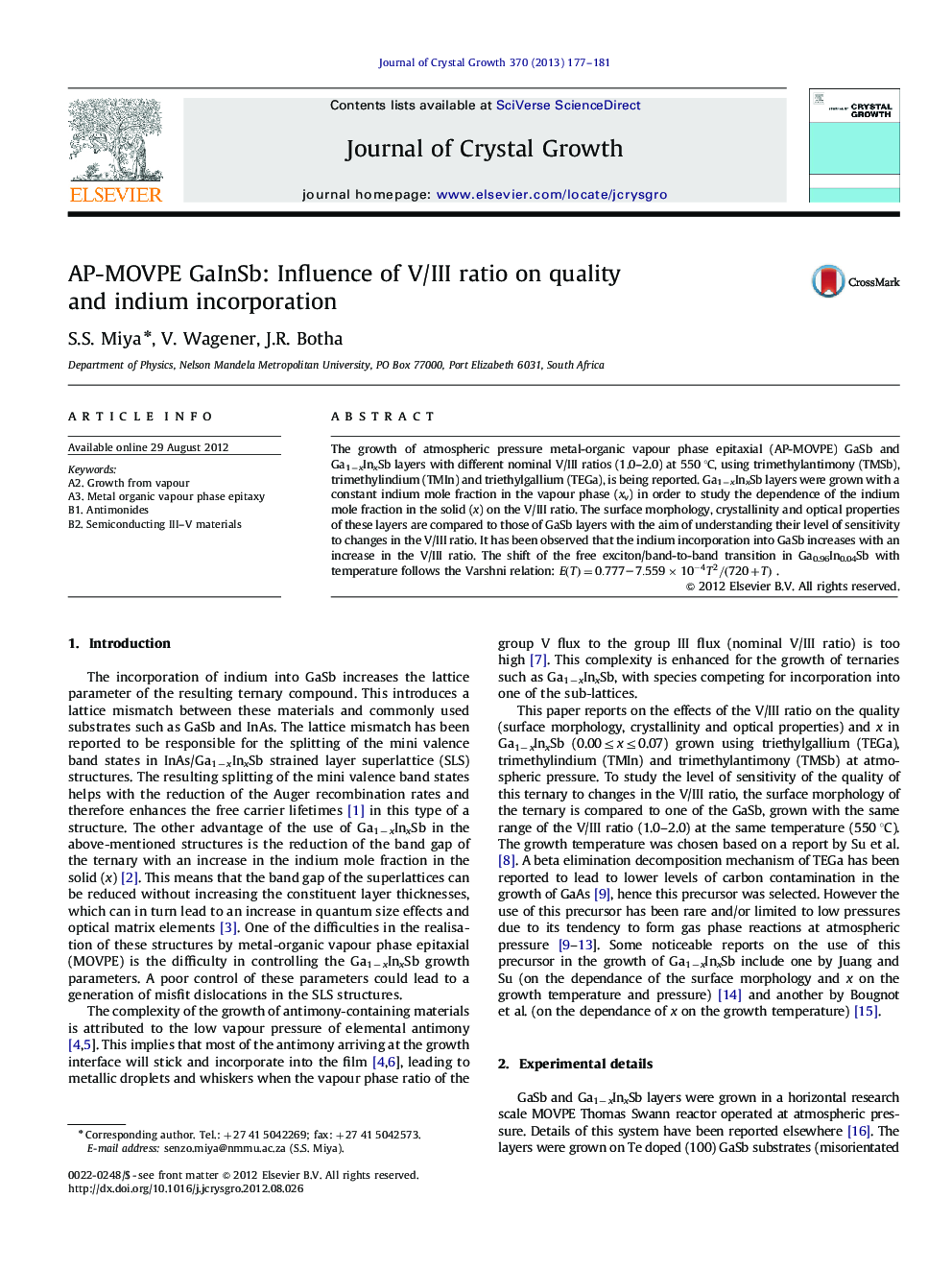 AP-MOVPE GaInSb: Influence of V/III ratio on quality and indium incorporation