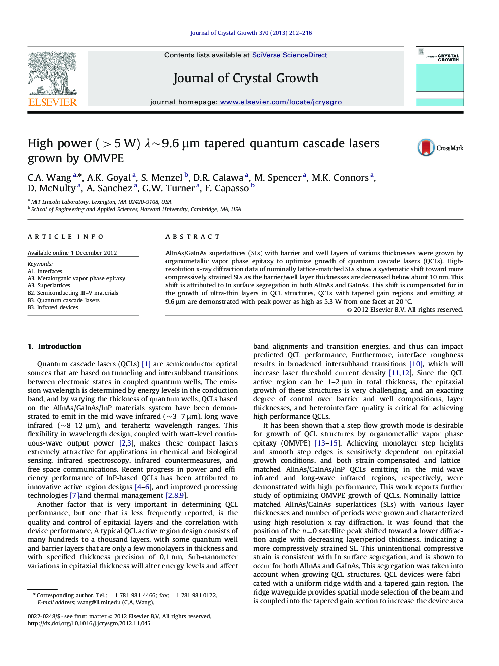 High power (>5Â W) Î»â¼9.6Â Î¼m tapered quantum cascade lasers grown by OMVPE