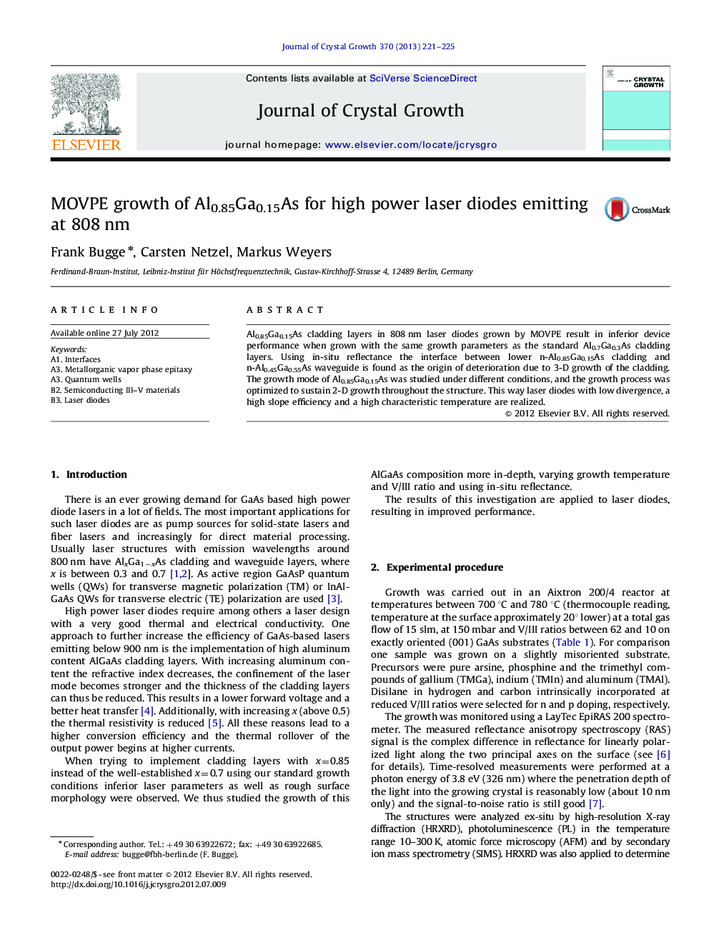 MOVPE growth of Al0.85Ga0.15As for high power laser diodes emitting at 808 nm