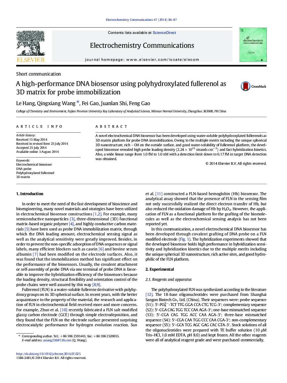 A high-performance DNA biosensor using polyhydroxylated fullerenol as 3D matrix for probe immobilization