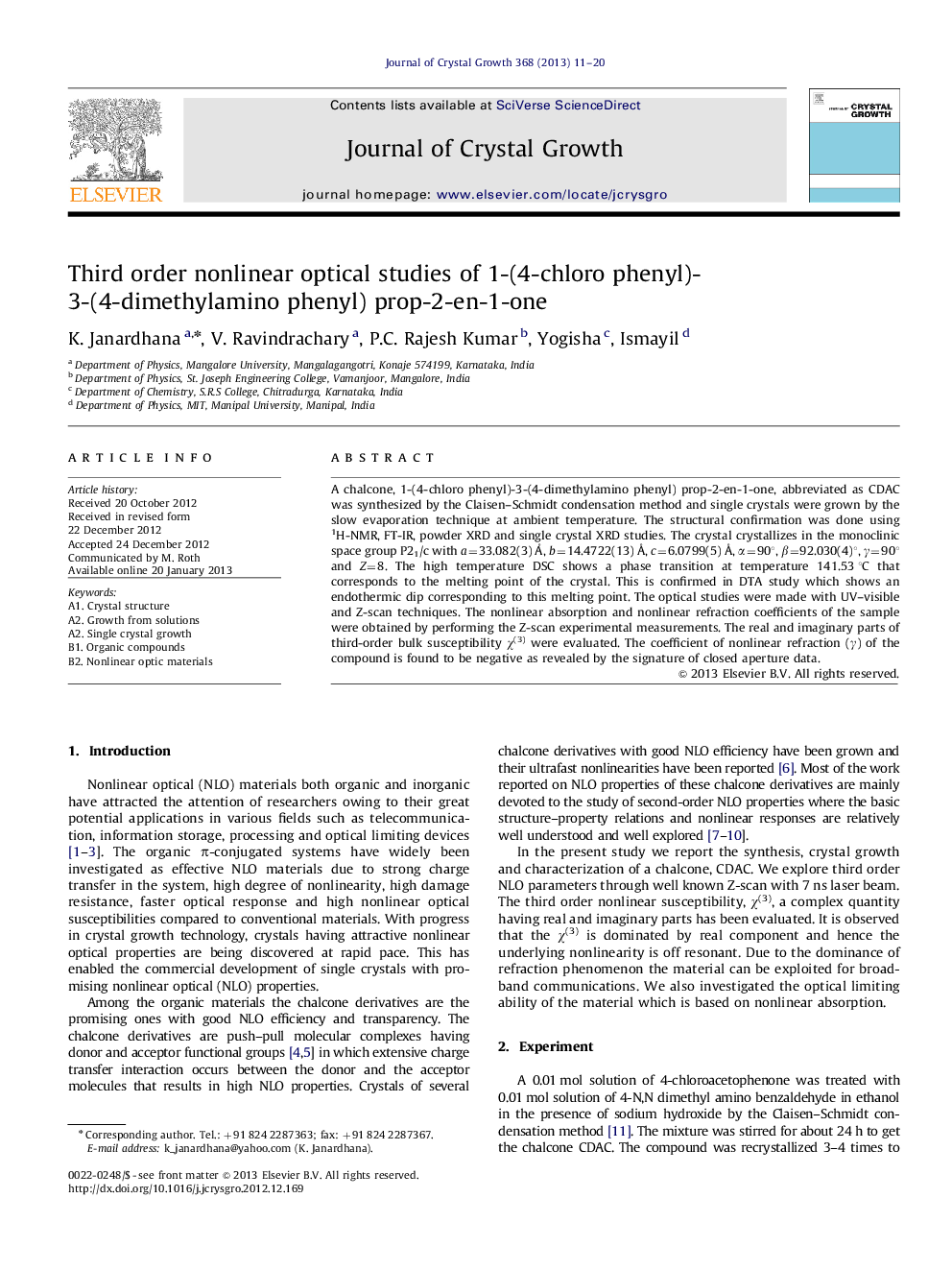 Third order nonlinear optical studies of 1-(4-chloro phenyl)-3-(4-dimethylamino phenyl) prop-2-en-1-one