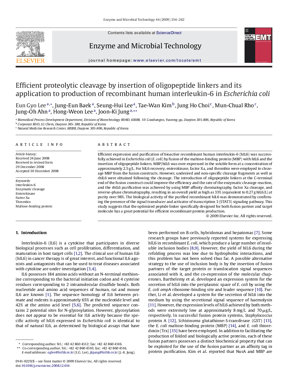 Efficient proteolytic cleavage by insertion of oligopeptide linkers and its application to production of recombinant human interleukin-6 in Escherichia coli