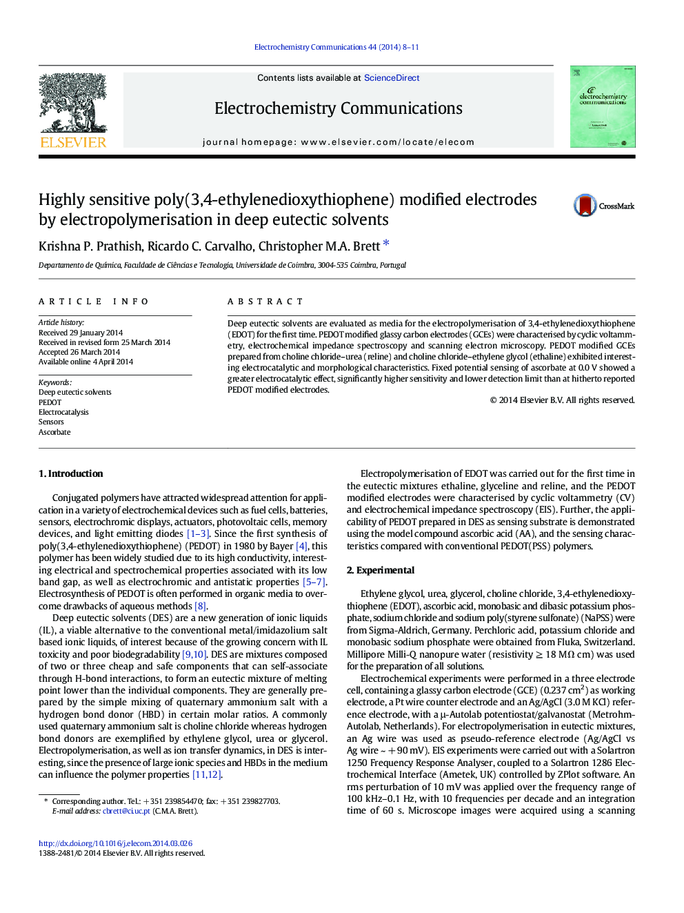 Highly sensitive poly(3,4-ethylenedioxythiophene) modified electrodes by electropolymerisation in deep eutectic solvents