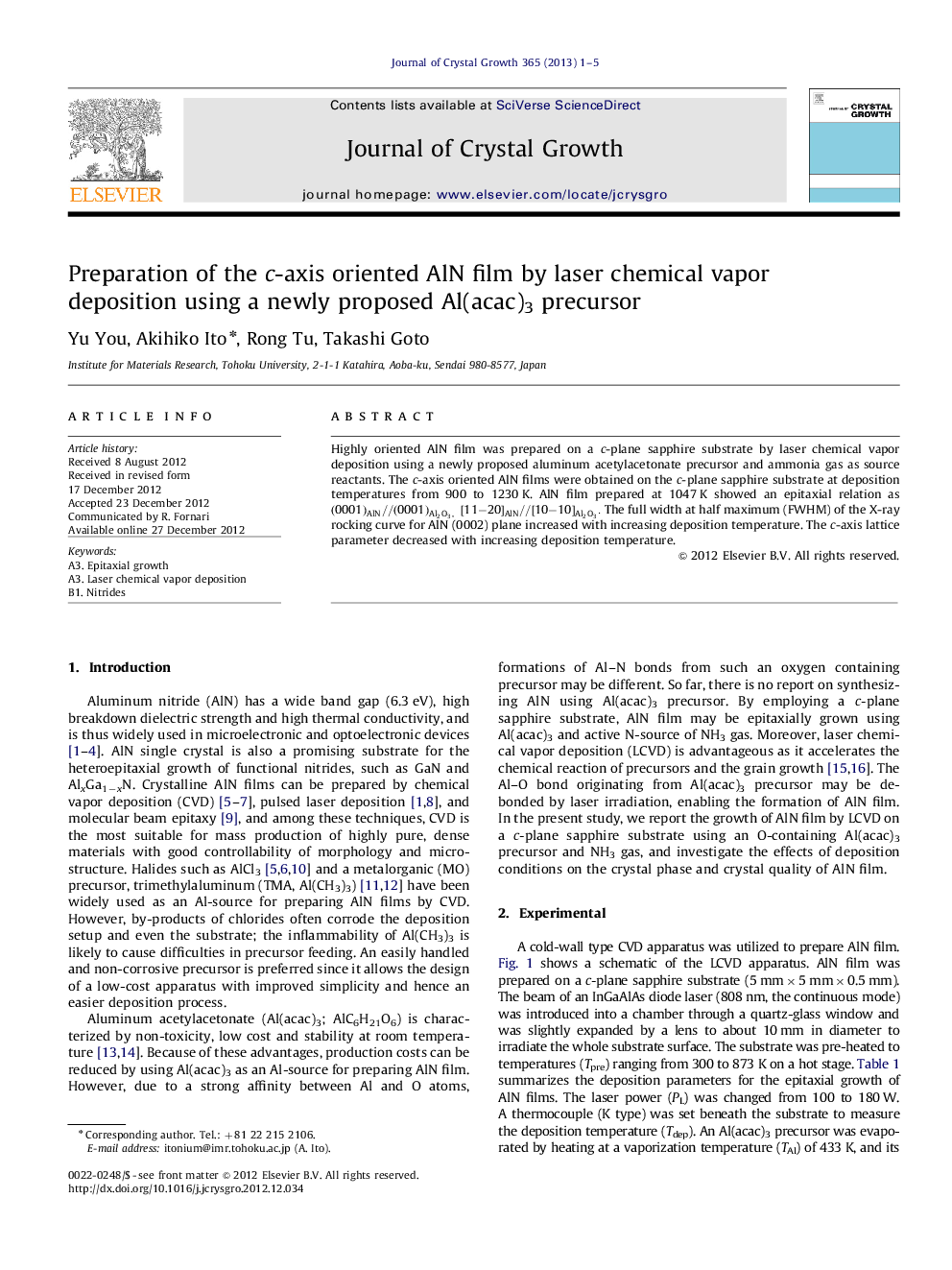 Preparation of the c-axis oriented AlN film by laser chemical vapor deposition using a newly proposed Al(acac)3 precursor