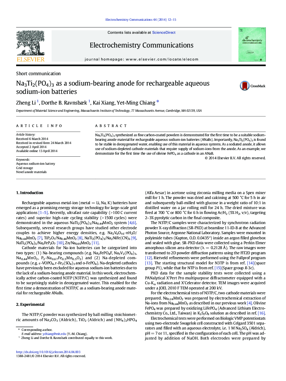 Na3Ti2(PO4)3 as a sodium-bearing anode for rechargeable aqueous sodium-ion batteries