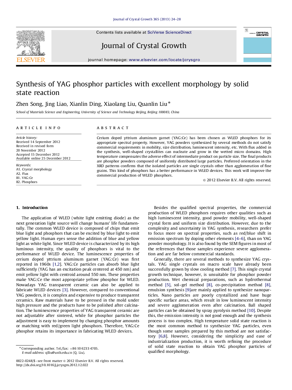 Synthesis of YAG phosphor particles with excellent morphology by solid state reaction