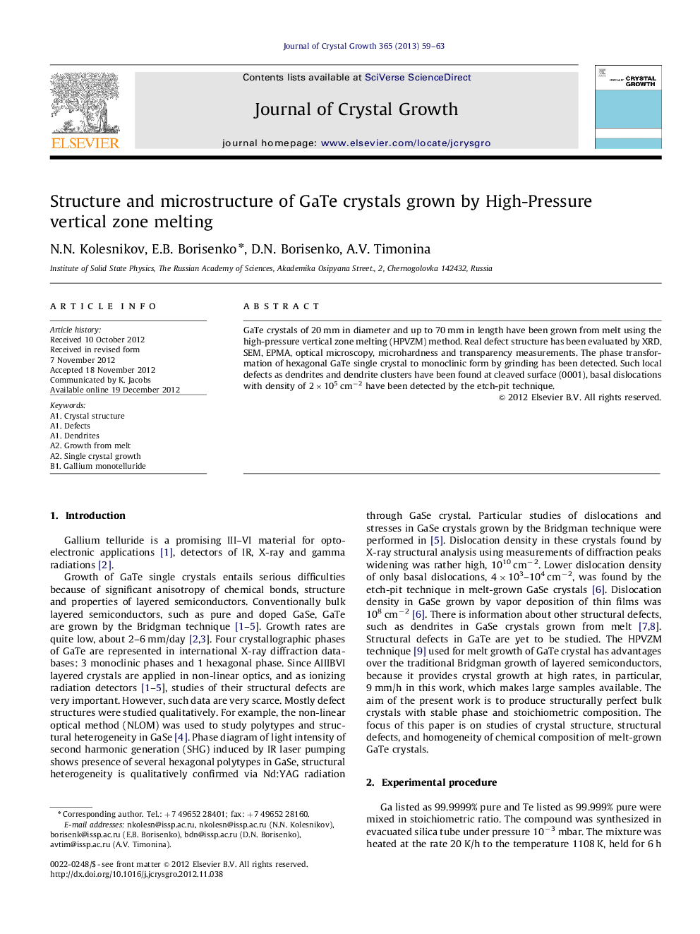 Structure and microstructure of GaTe crystals grown by High-Pressure vertical zone melting