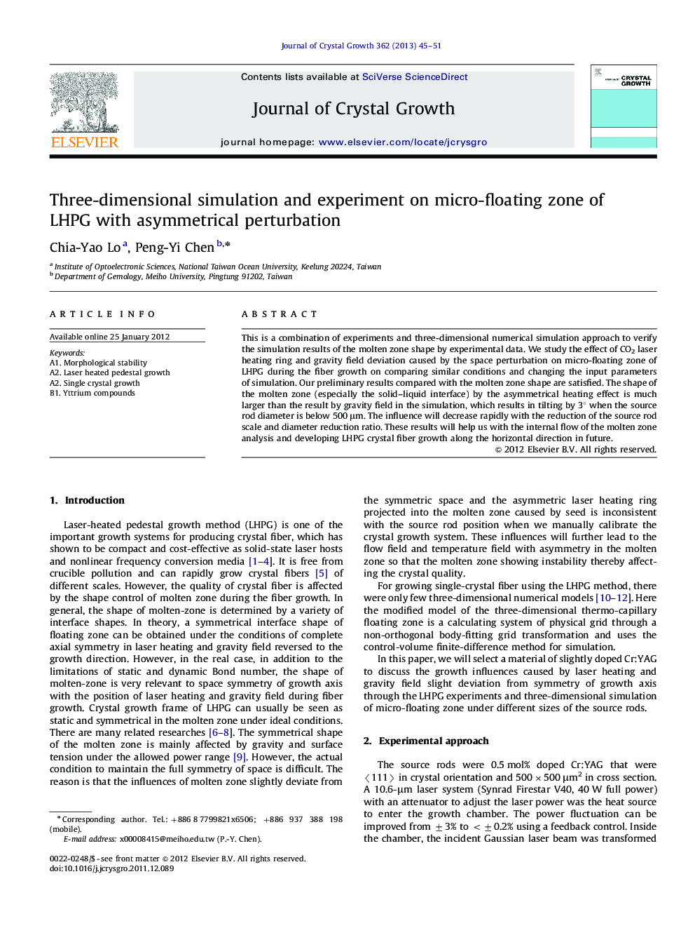 Three-dimensional simulation and experiment on micro-floating zone of LHPG with asymmetrical perturbation