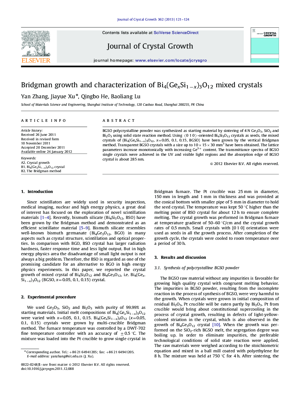 Bridgman growth and characterization of Bi4(GexSi1âx)3O12 mixed crystals