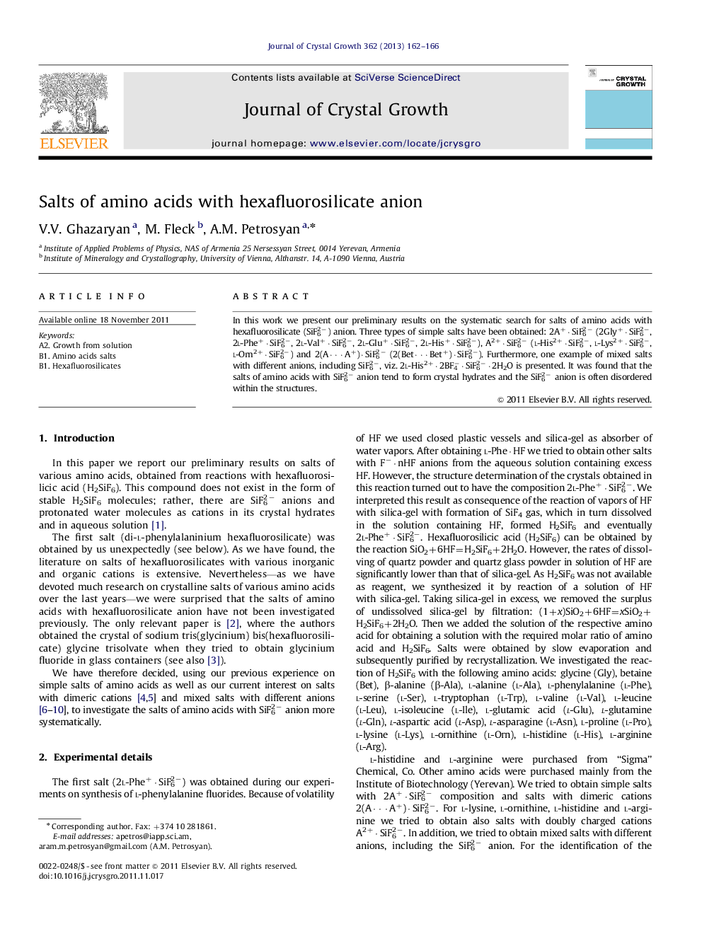 Salts of amino acids with hexafluorosilicate anion