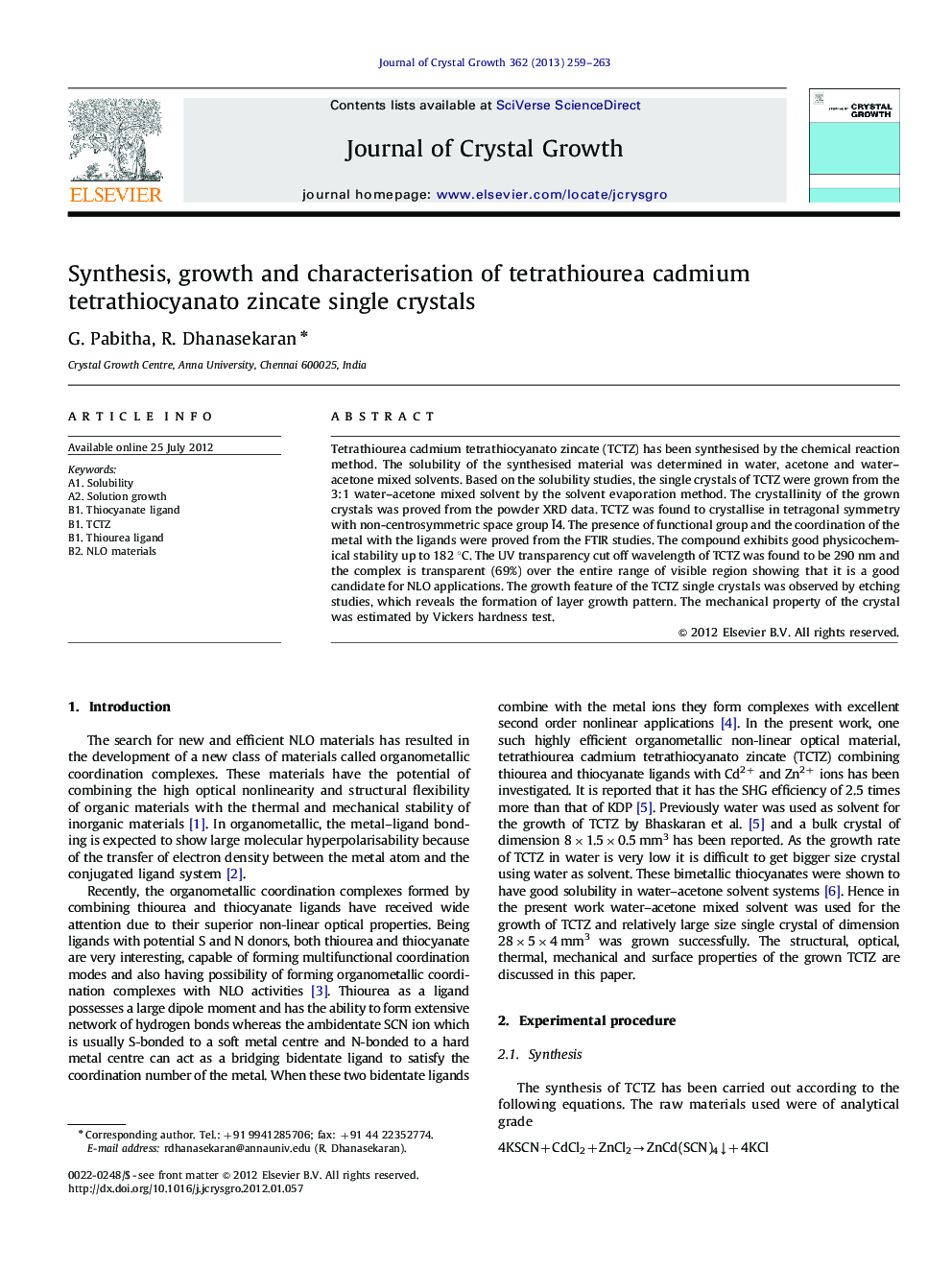 Synthesis, growth and characterisation of tetrathiourea cadmium tetrathiocyanato zincate single crystals