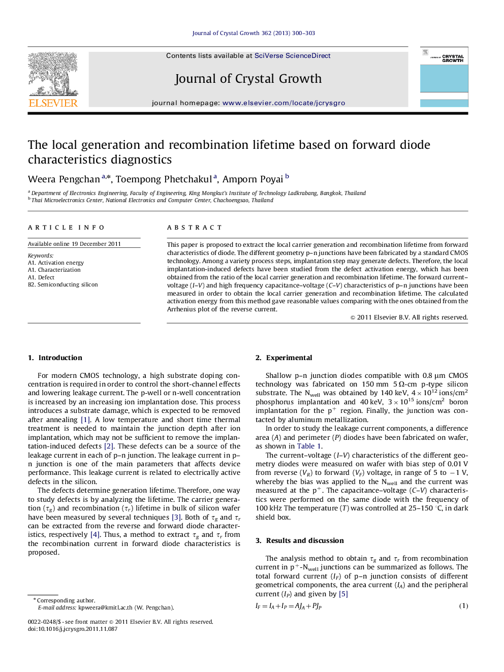 The local generation and recombination lifetime based on forward diode characteristics diagnostics